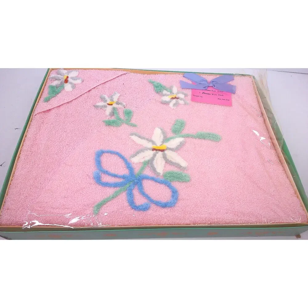 Vtg 60s Cannon Pink Whisper 2 Pc Towel Set Pink Chenille Floral Mod New